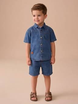 Polka Tots - Denim Half Sleeve Solid Shirt With Shorts