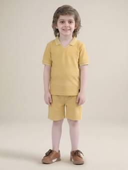 Polka Tots - Cotton Half Sleeve Solid Mustard Polo T-Shirt With Shorts
