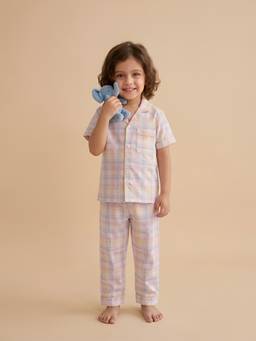 Polka Tots - Cotton Half Sleeve Pink and Blue Checks Print Night Suit