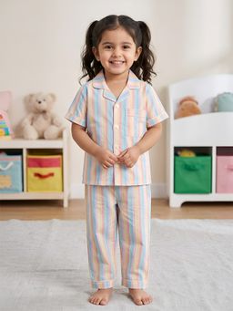 Polka Tots - Cotton Half Sleeve Yellow and Blue Stripes Print Night Suit