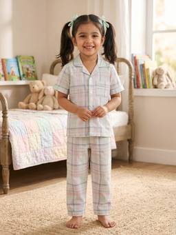 Polka Tots - Cotton Half Sleeve Checks Print Night Suit