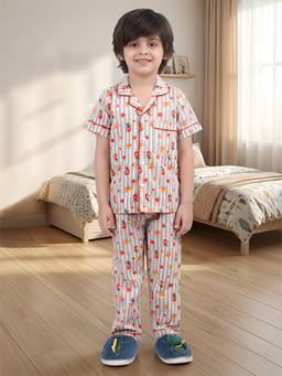Polka Tots - Cotton Half Sleeve Stripes and Fruits Print Night Suit
