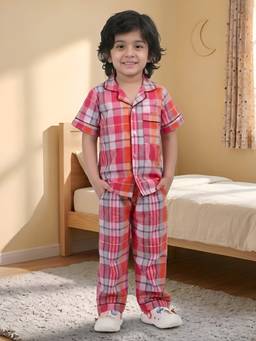Polka Tots - Cotton Half Sleeve Checks Print Night Suit