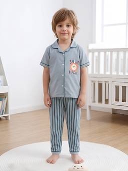 Polka Tots - Cotton Half Sleeve Sun Patch and Stripes Night Suit