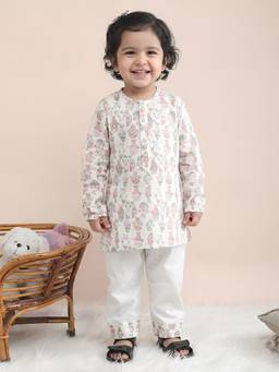 Polka Tots - Pink Cotton Full Sleeve Fish Print Nightwear Kurta with Pyjama