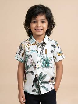 Polka Tots - White Cotton Half Sleeve Jungle Safari Print Shirt
