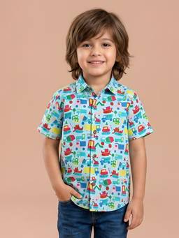 Polka Tots - Blue Cotton Half Sleeve Cars Print Shirt