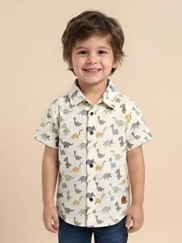 Polka Tots - Cream Cotton Half Sleeve Dinosaur Print Shirt