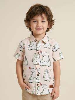 Polka Tots - Peach Cotton Half Sleeve Polar Bear Print Shirt