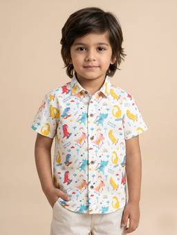 Polka Tots - White Cotton Half Sleeve Dinosaur Print Shirt