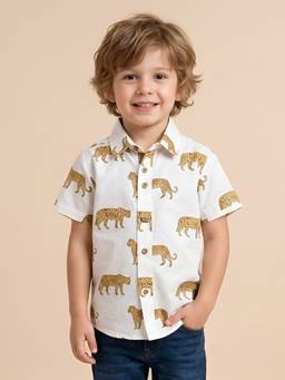 Polka Tots - White Cotton Half Sleeve Leopard Print Shirt