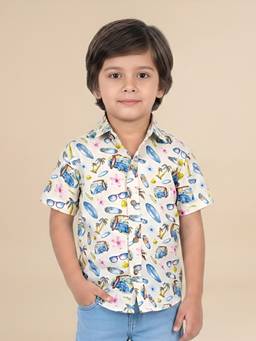Polka Tots - White Cotton Half Sleeve Beach Print Shirt