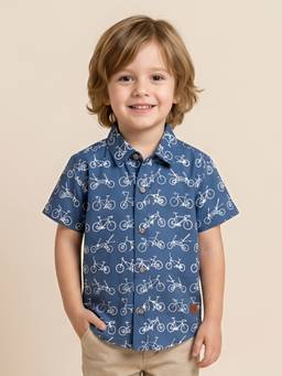 Polka Tots - Blue Cotton Half Sleeve Cycle Print Shirt