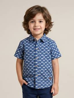 Polka Tots - Blue Cotton Half Sleeve Cars Print Shirt