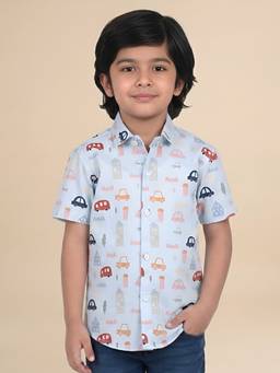 Polka Tots - Blue Cotton Half Sleeve Vehicle Print Shirt