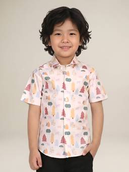 Polka Tots - Peach Cotton Half Sleeve Trees Print Shirt