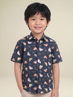Polka Tots - Navy Blue Cotton Half Sleeve Cars Print Shirt