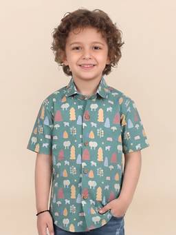 Polka Tots - Green Cotton Half Sleeve Trees Print Shirt