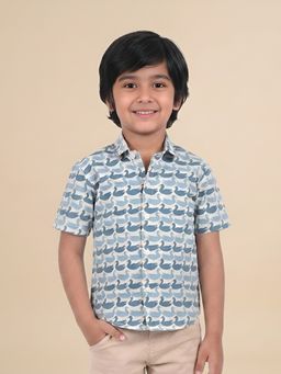 Polka Tots - Blue Cotton Half Sleeve Swan Print Shirt