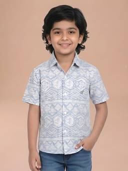 Polka Tots - Blue Cotton Half Sleeve Printed Shirt