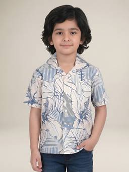 Polka Tots - Cream Cotton Half Sleeve Printed Shirt