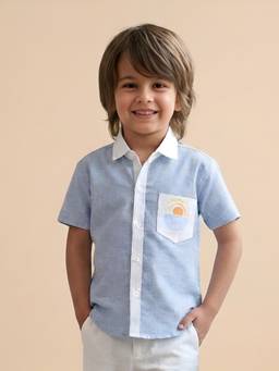 Polka Tots - Blue Cotton Half Sleeve Sun Patch Shirt