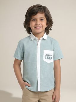 Polka Tots - Green Cotton Half Sleeve Forest Camp Patch Shirt