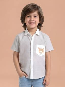 Polka Tots - Grey Cotton Half Sleeve Bear Patch Shirt