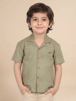 Polka Tots - Olive Cotton Half Sleeve Embroidery Shirt