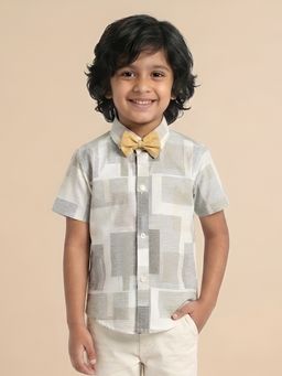 Polka Tots - Beige Cotton Half Sleeve Printed Shirt with Bow Tie