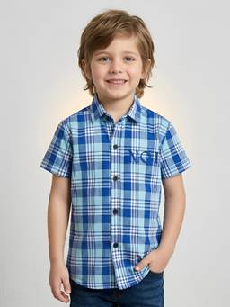 Polka Tots - Blue Cotton Half Sleeve Checks Print Shirt