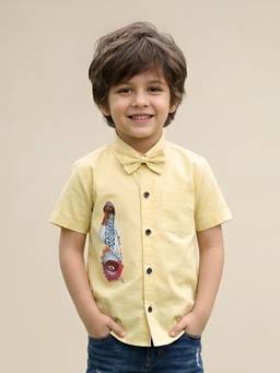 Polka Tots - Yellow Cotton Half Sleeve Roar Patch Shirt with Bow Tie