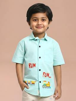 Polka Tots - Green Cotton Half Sleeve Trains Patch Shirt