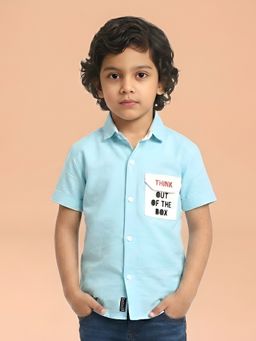 Polka Tots - Aqua Cotton Half Sleeve Text Pocket Patch Shirt