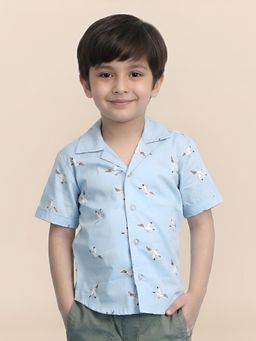 Polka Tots - Blue Cotton Half Sleeve Bird Print Shirt