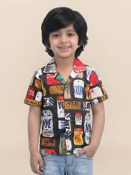 Polka Tots - Black Cotton Half Sleeve Graphic Print Shirt