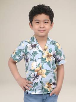 Polka Tots - Blue Cotton Half Sleeve Flower Print Shirt