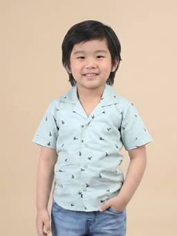 Polka Tots - Green Cotton Half Sleeve Palm Tree Print Shirt