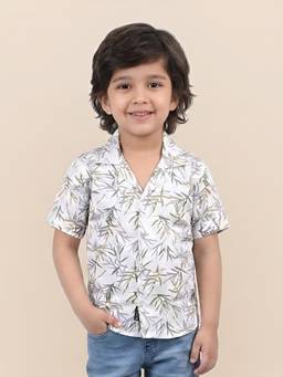 Polka Tots - White Cotton Half Sleeve Leaf's Print Shirt