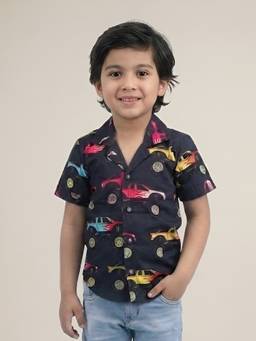 Polka Tots - Navy Blue Cotton Half Sleeve Jeep Print Shirt