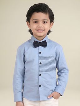 Polka Tots - Blue Cotton Full Sleeve Stripes Shirt With Bow Tie