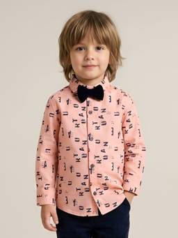 Polka Tots - Peach Cotton Full Sleeve Alphabet Print Shirt With Bow Tie