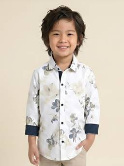 Polka Tots - White Cotton Full Sleeve Yellow Flower Print Shirt