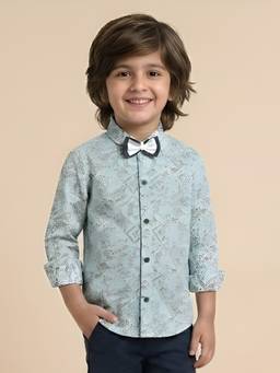 Polka Tots - Blue Cotton Full Sleeve Zig Zag Print Shirt With Bow Tie