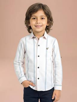 Polka Tots - White Cotton Full Sleeve Stripes Print Shirt
