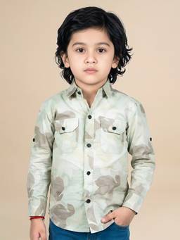 Polka Tots - Green Cotton Full Sleeve Camouflage Print Dual Pocket Shirt
