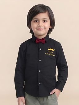 Polka Tots - Black Cotton Full Sleeve Moustache Patch Shirt With Bow Tie