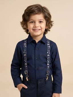 Polka Tots - Navy Blue Cotton Full Sleeve Stripes Print Shirt With Suspender