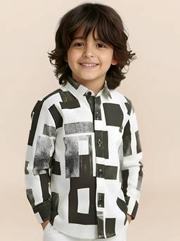 Polka Tots - Olive Cotton Full Sleeve Geometric Print Shirt
