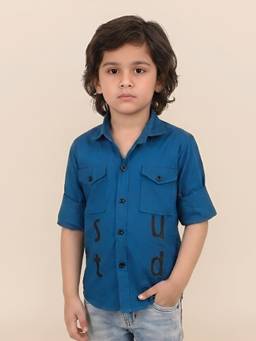 Polka Tots - Blue Cotton Full Sleeve Stud Print Dual Pocket Shirt